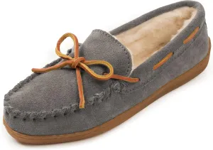 Minnetonka Womens Pile Lined Hardsole Moccasin, Charcoal, Size 6 Wide