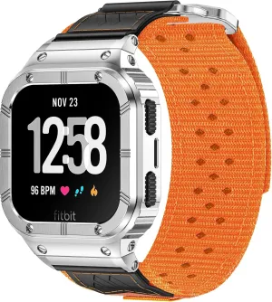 MioHHR Band Compatible with Fitbit Versa 4 3 2 1 /Fitbit Versa Lite/Fitbit Sense/Sense 2 Bands with Stainless Steel Case, Breathable Nylon Sport Adjustable Strap Replacement Rugged Wristband for Men