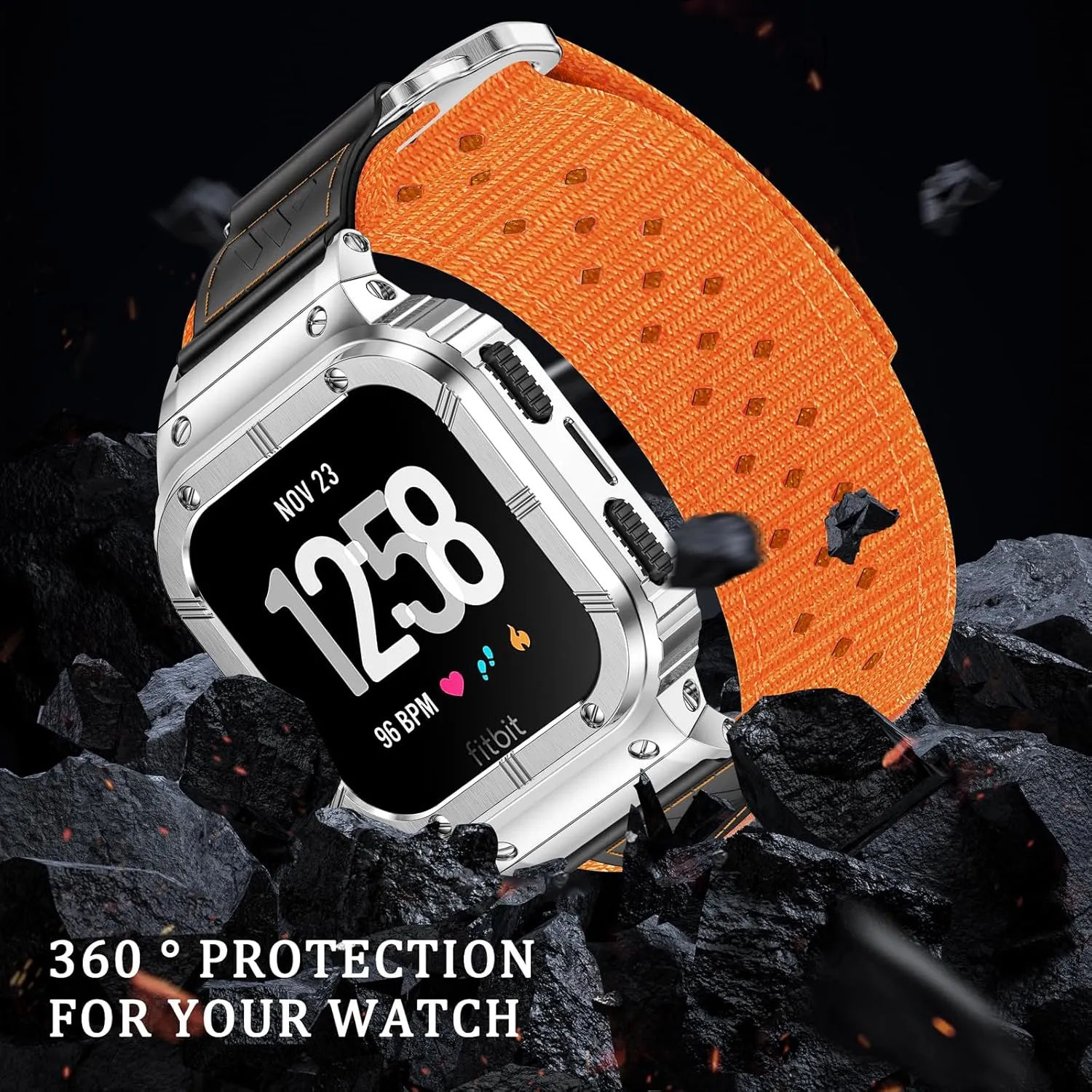 MioHHR Band Compatible with Fitbit Versa 4 3 2 1 /Fitbit Versa Lite/Fitbit Sense/Sense 2 Bands with Stainless Steel Case, Breathable Nylon Sport Adjustable Strap Replacement Rugged Wristband for Men