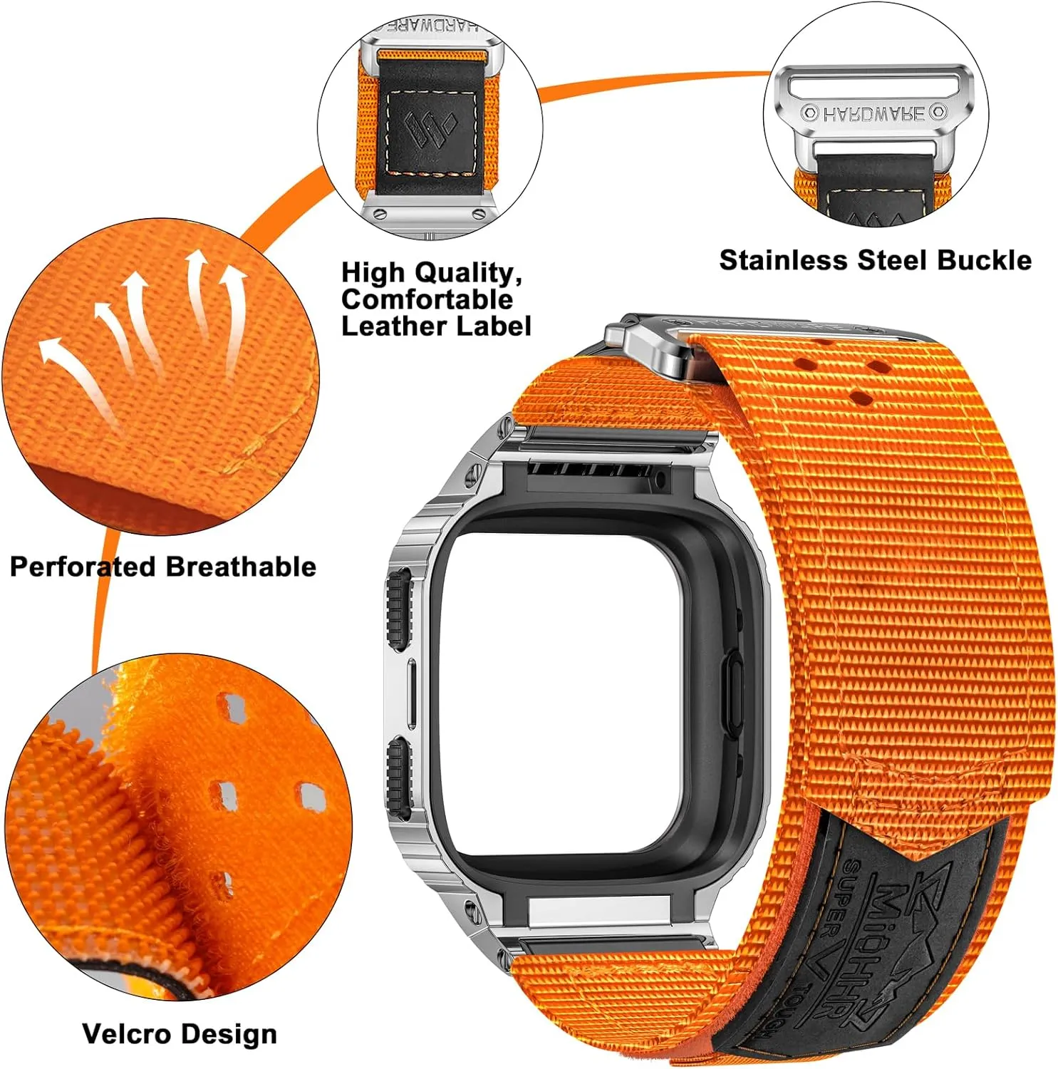 MioHHR Band Compatible with Fitbit Versa 4 3 2 1 /Fitbit Versa Lite/Fitbit Sense/Sense 2 Bands with Stainless Steel Case, Breathable Nylon Sport Adjustable Strap Replacement Rugged Wristband for Men