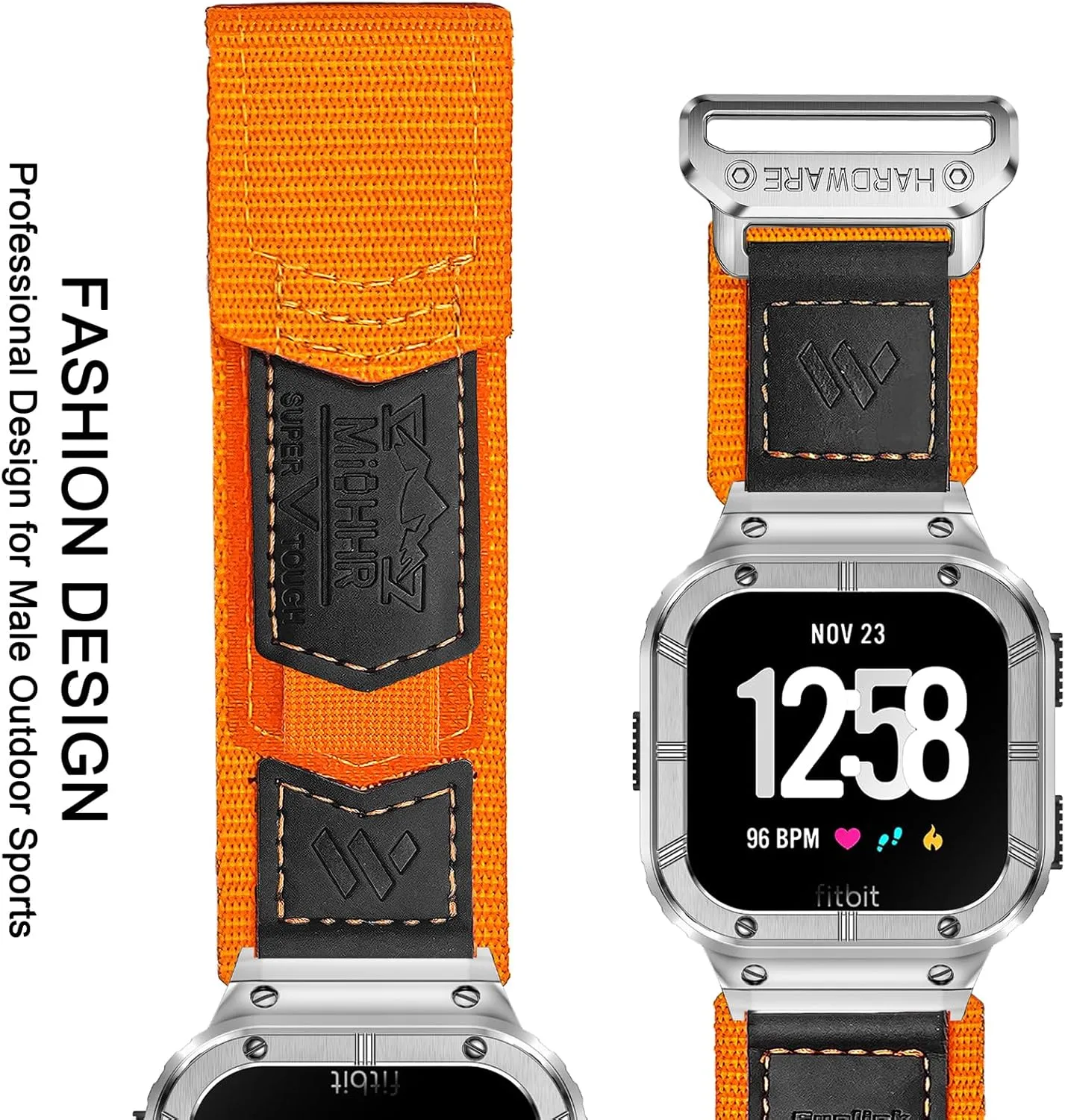 MioHHR Band Compatible with Fitbit Versa 4 3 2 1 /Fitbit Versa Lite/Fitbit Sense/Sense 2 Bands with Stainless Steel Case, Breathable Nylon Sport Adjustable Strap Replacement Rugged Wristband for Men