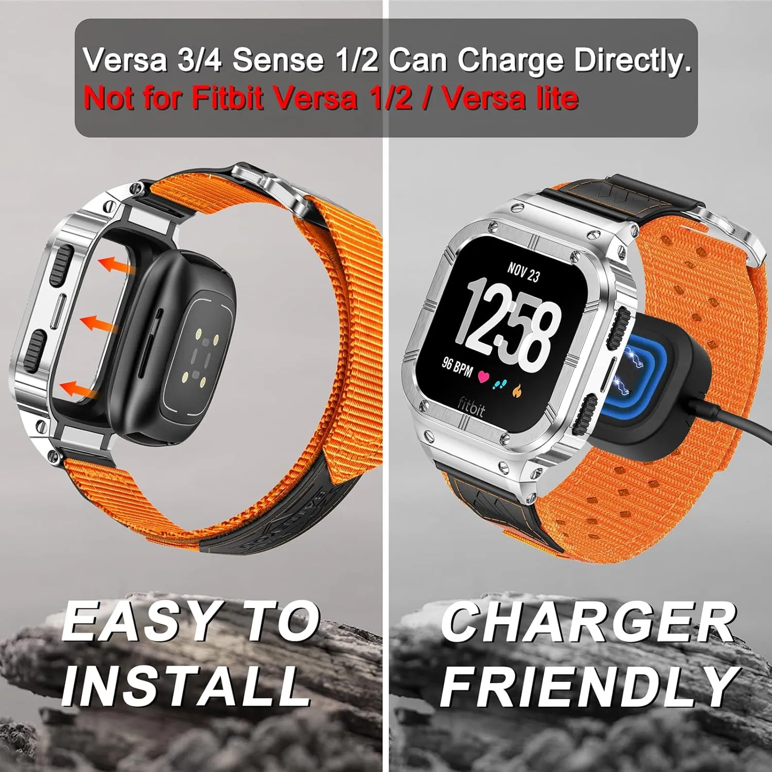MioHHR Band Compatible with Fitbit Versa 4 3 2 1 /Fitbit Versa Lite/Fitbit Sense/Sense 2 Bands with Stainless Steel Case, Breathable Nylon Sport Adjustable Strap Replacement Rugged Wristband for Men