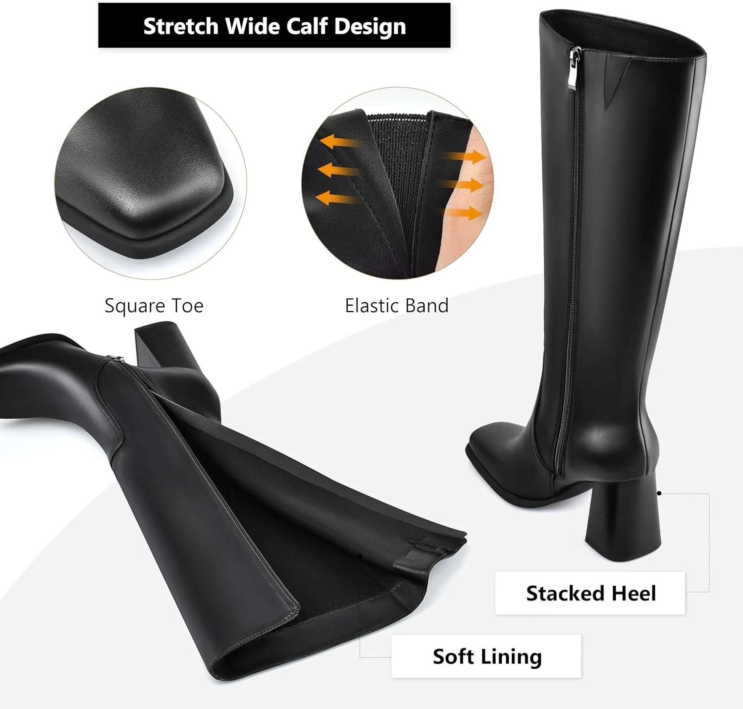 MIRAAZZURRA Knee High Boots Women Chunky Heel Square Toe Tall Boots Side Zipper Fall Winter Long Boots for Daily Party Dress Work