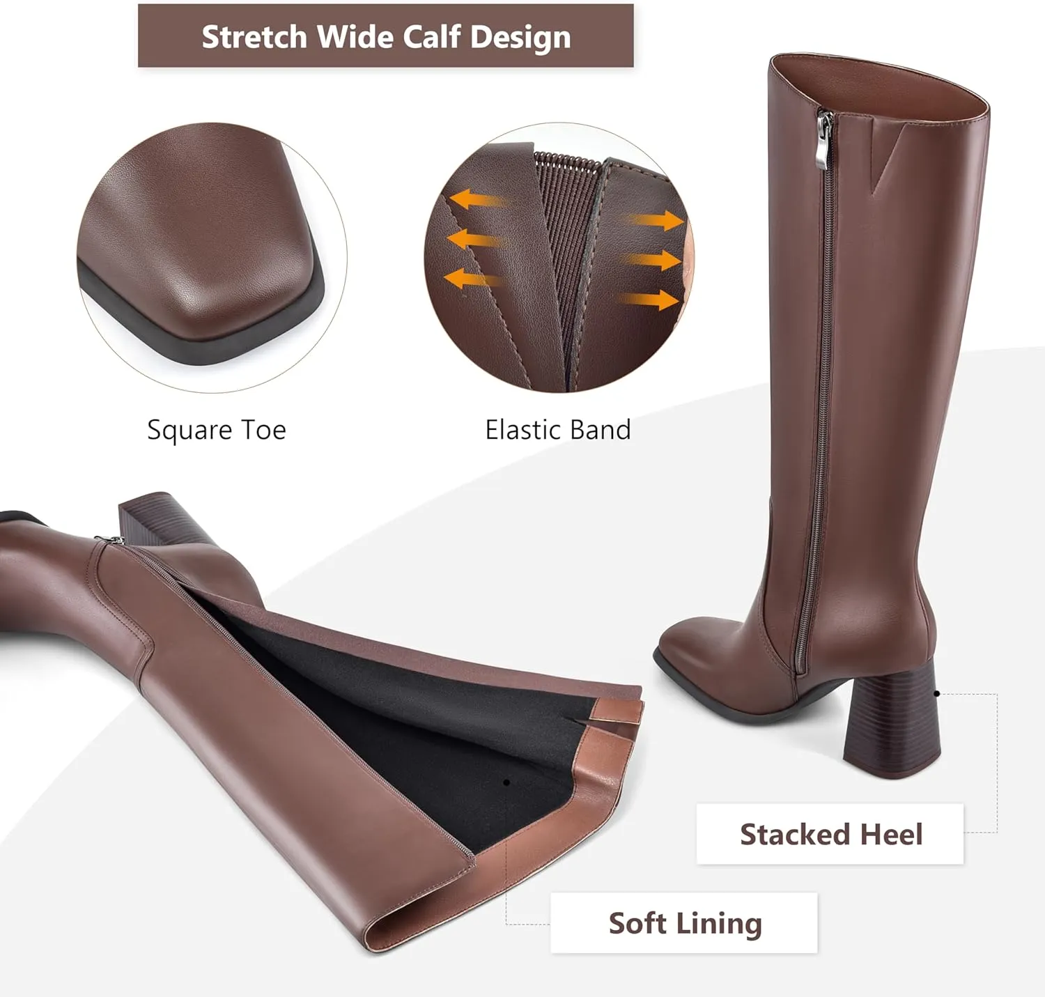 MIRAAZZURRA Knee High Boots Women Chunky Heel Square Toe Tall Boots Side Zipper Fall Winter Long Boots for Daily Party Dress Work
