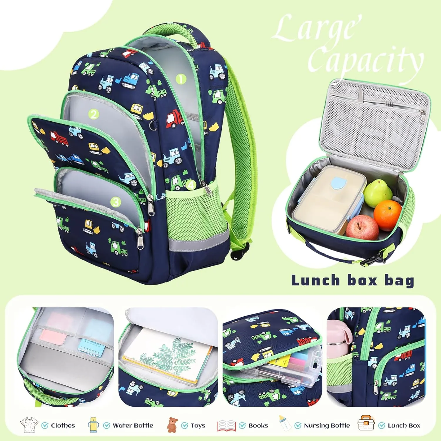 MIRLEWAIY Kids Backpack for Boys Girls School Elementary Student with Insulated Lunch Bag Pencil Case, Dinosaur Backpack Set