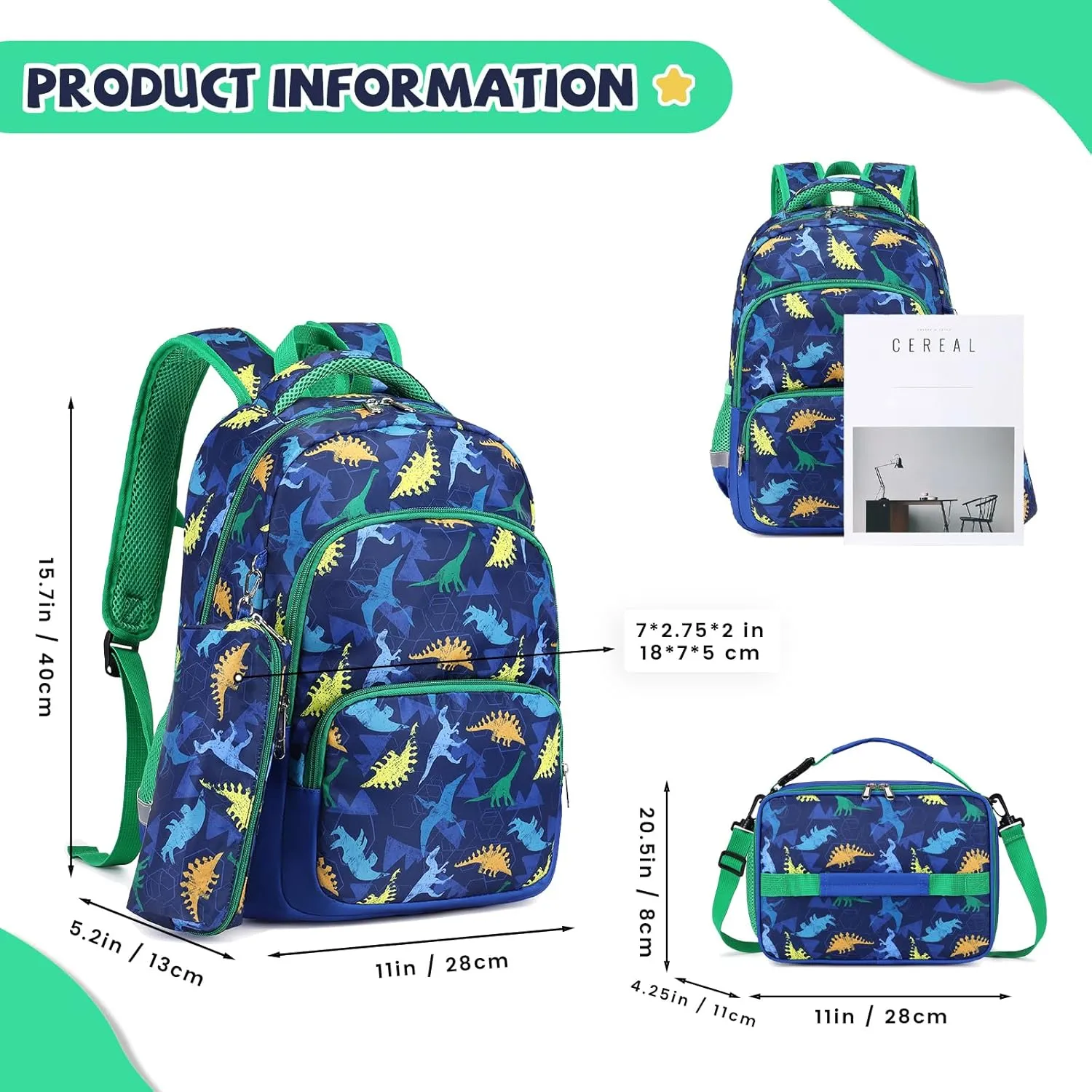 MIRLEWAIY Kids Backpack for Boys Girls School Elementary Student with Insulated Lunch Bag Pencil Case, Dinosaur Backpack Set
