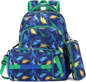 MIRLEWAIY Kids Backpack for Boys Girls School Elementary Student with Insulated Lunch Bag Pencil Case, Dinosaur Backpack Set