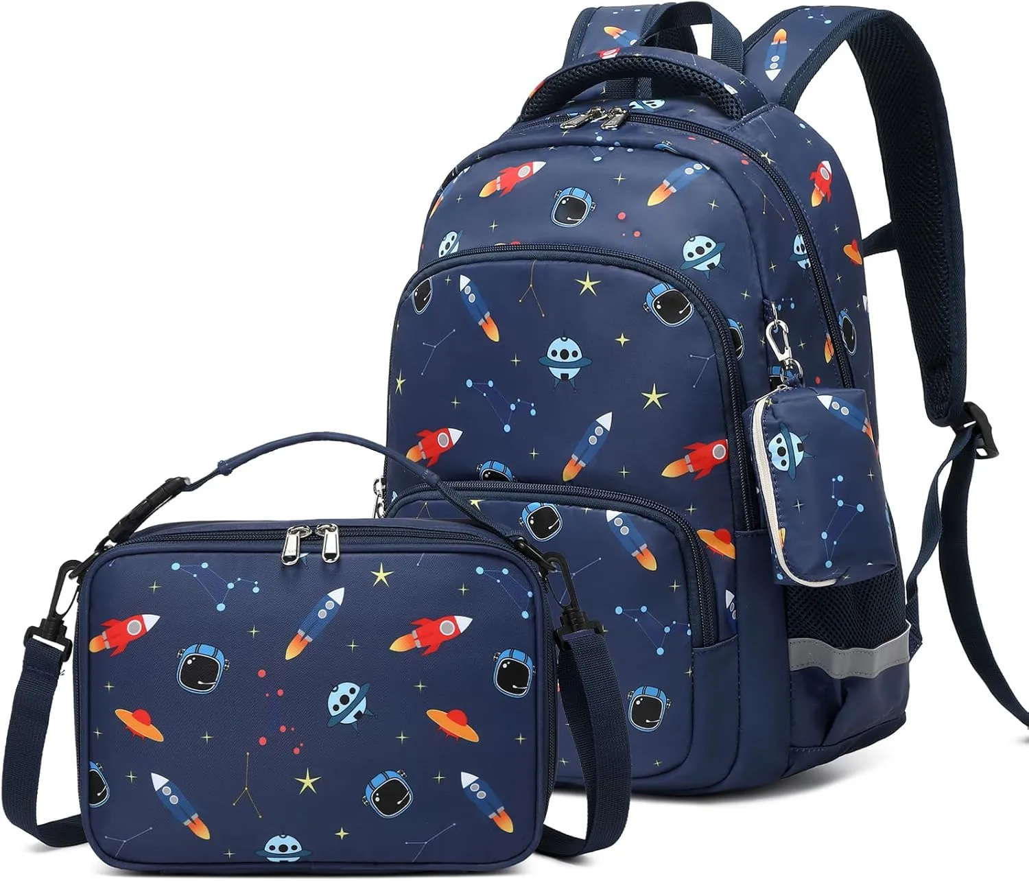 MIRLEWAIY Kids Backpack Set Boys Space Rocket School Bag Multipocket Bookbag with Insulated Lunch Box and Coin Pouch, 15.7 inch Dark Blue Rocket