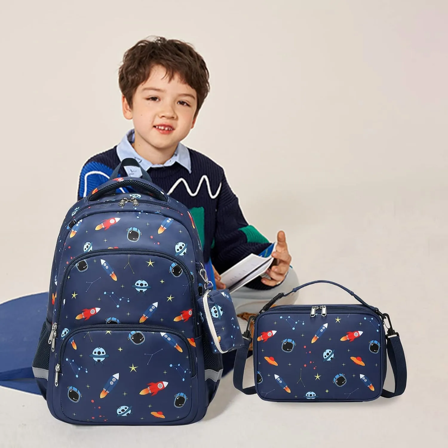 MIRLEWAIY Kids Backpack Set Boys Space Rocket School Bag Multipocket Bookbag with Insulated Lunch Box and Coin Pouch, 15.7 inch Dark Blue Rocket