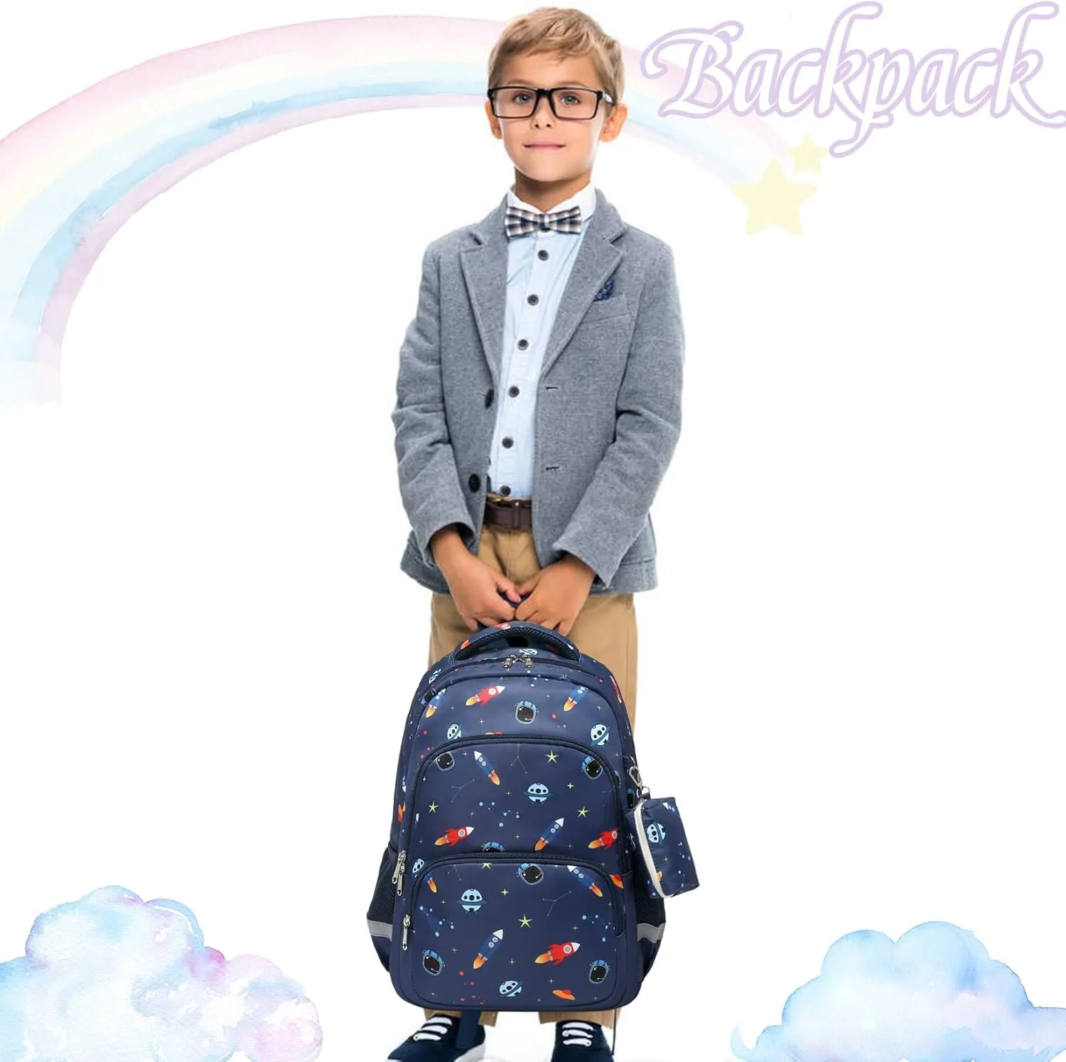 MIRLEWAIY Kids Backpack Set Boys Space Rocket School Bag Multipocket Bookbag with Insulated Lunch Box and Coin Pouch, 15.7 inch Dark Blue Rocket