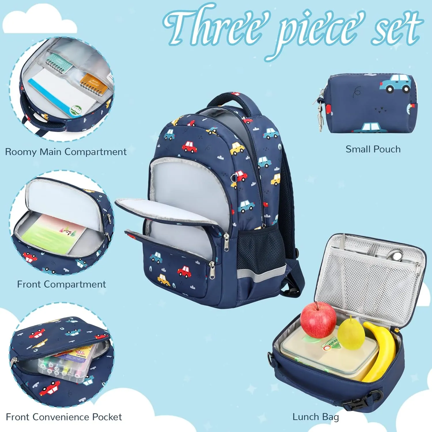 MIRLEWAIY Kids Backpack Set Boys Space Rocket School Bag Multipocket Bookbag with Insulated Lunch Box and Coin Pouch, 15.7 inch Dark Blue Rocket