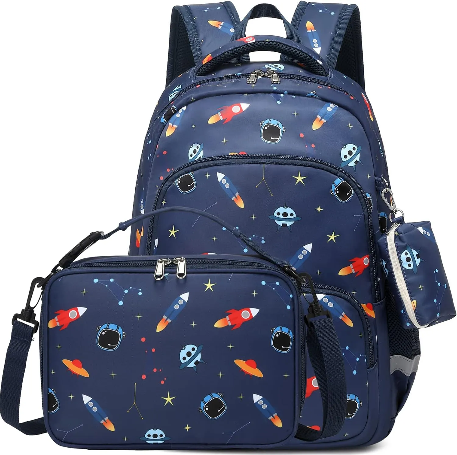 MIRLEWAIY Kids Backpack Set Boys Space Rocket School Bag Multipocket Bookbag with Insulated Lunch Box and Coin Pouch, 15.7 inch Dark Blue Rocket