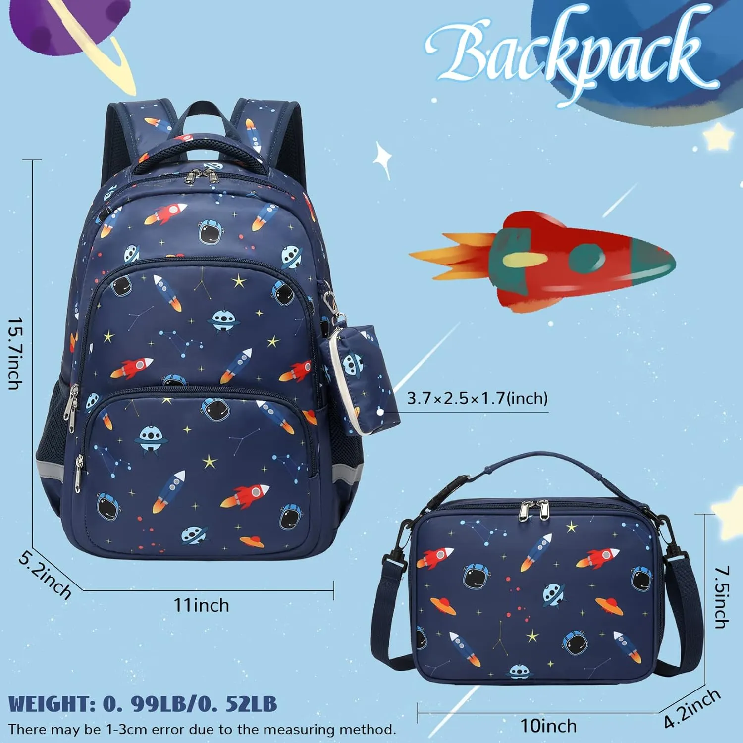 MIRLEWAIY Kids Backpack Set Boys Space Rocket School Bag Multipocket Bookbag with Insulated Lunch Box and Coin Pouch, 15.7 inch Dark Blue Rocket