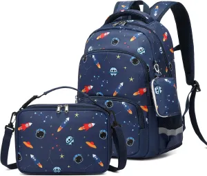 MIRLEWAIY Kids Backpack Set Boys Space Rocket School Bag Multipocket Bookbag with Insulated Lunch Box and Coin Pouch, 15.7 inch Dark Blue Rocket