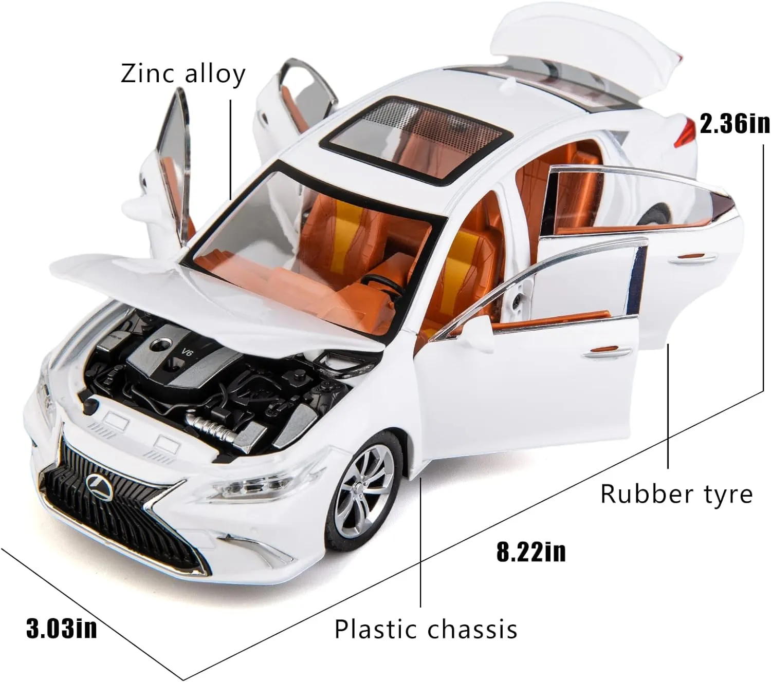Model Car 1/24 Lexus ES300 Alloy Diecast Collectible Toy Car with Light and Sound Toy Vehicle Door Can Be Opened for Boys Kids Toddler Gift White Car