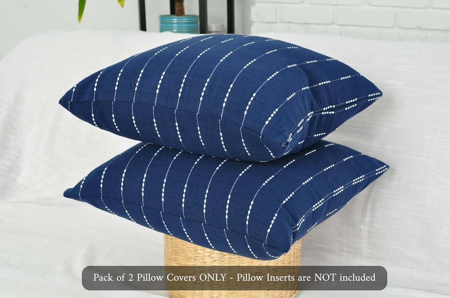 Modern Cotton Pillow Covers 18 x18 inches Navy Blue/Woven Loom Stripe Pattern Contemporary Luxury Cushion Covers/Simple Throw Pillow Cases for Living Room Sofa, Couch, Bed, Set of 2