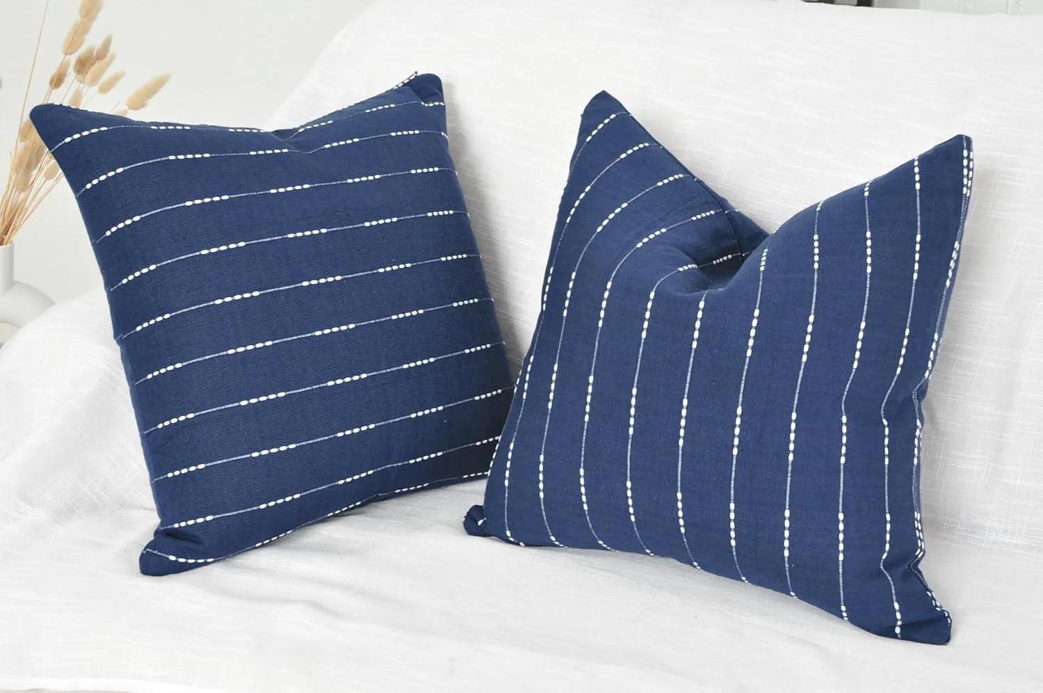 Modern Cotton Pillow Covers 18 x18 inches Navy Blue/Woven Loom Stripe Pattern Contemporary Luxury Cushion Covers/Simple Throw Pillow Cases for Living Room Sofa, Couch, Bed, Set of 2