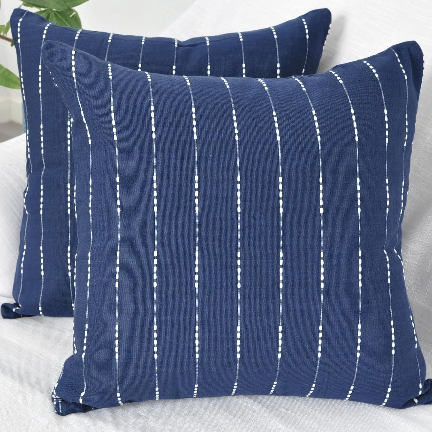 Modern Cotton Pillow Covers 18 x18 inches Navy Blue/Woven Loom Stripe Pattern Contemporary Luxury Cushion Covers/Simple Throw Pillow Cases for Living Room Sofa, Couch, Bed, Set of 2