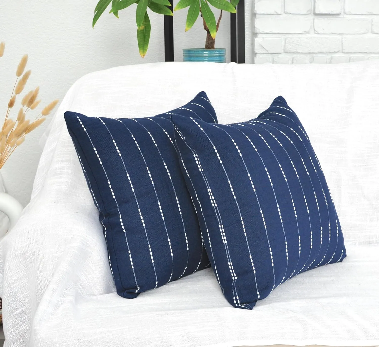 Modern Cotton Pillow Covers 18 x18 inches Navy Blue/Woven Loom Stripe Pattern Contemporary Luxury Cushion Covers/Simple Throw Pillow Cases for Living Room Sofa, Couch, Bed, Set of 2