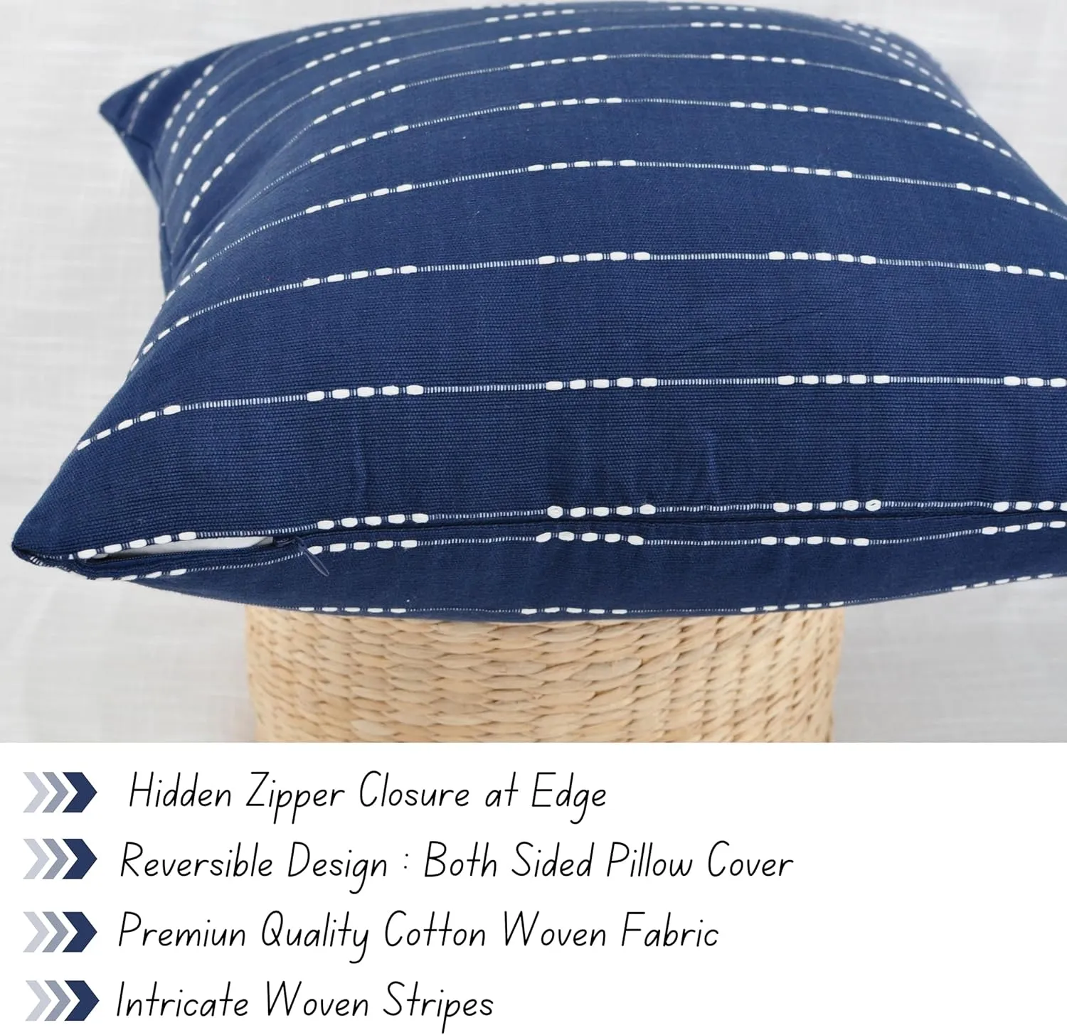 Modern Cotton Pillow Covers 18 x18 inches Navy Blue/Woven Loom Stripe Pattern Contemporary Luxury Cushion Covers/Simple Throw Pillow Cases for Living Room Sofa, Couch, Bed, Set of 2
