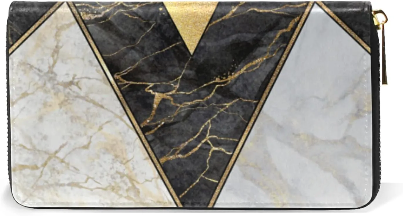 Modern Marbling Gold Black White Marble Geometric Triangle Granite Leather Long Wallet Organizer with Zipper Purse Clutch Bag for Women Men Key Card Coin Passport Checkbook