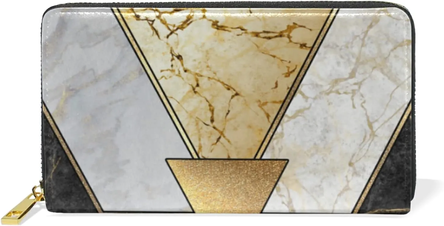 Modern Marbling Gold Black White Marble Geometric Triangle Granite Leather Long Wallet Organizer with Zipper Purse Clutch Bag for Women Men Key Card Coin Passport Checkbook