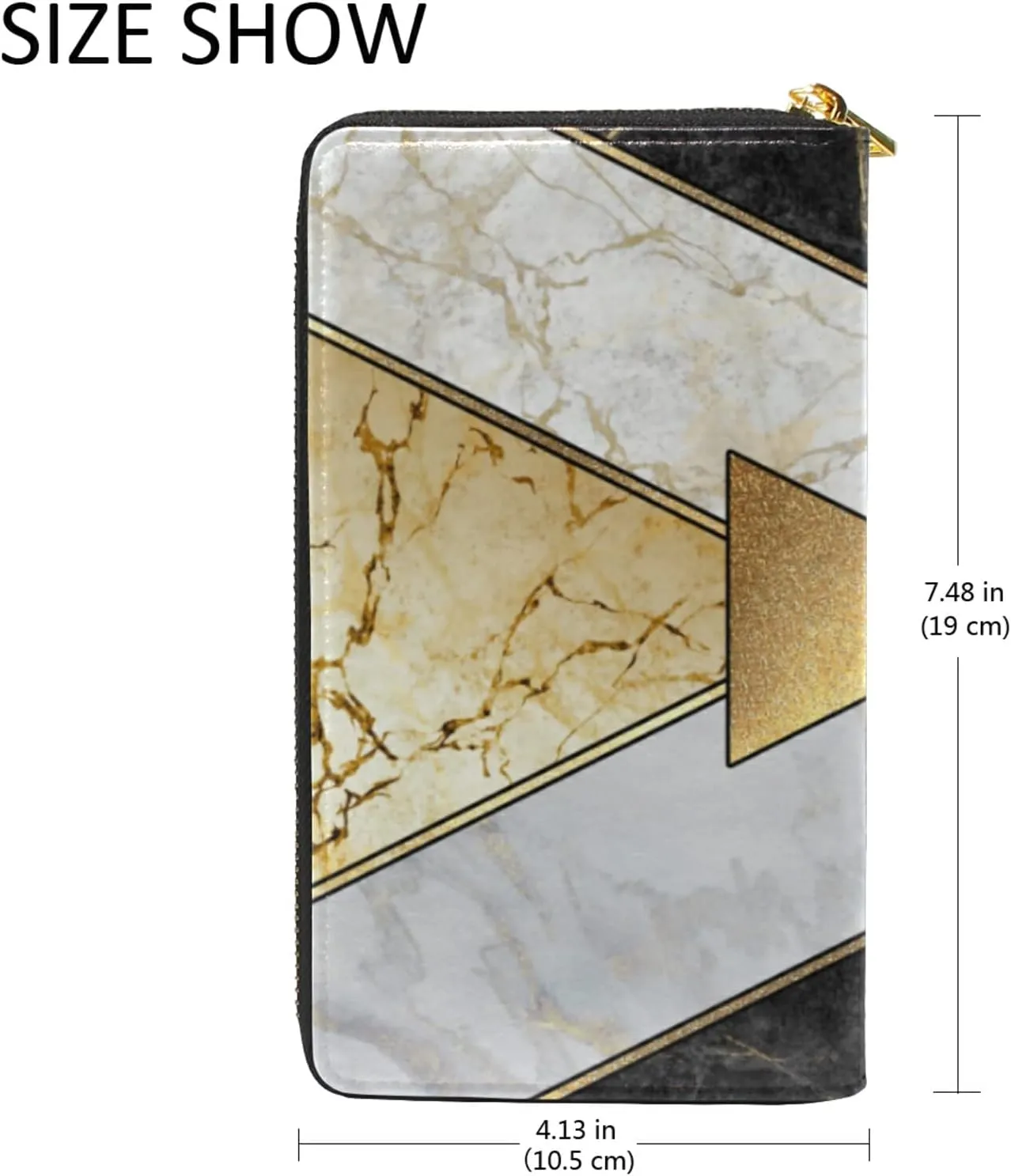 Modern Marbling Gold Black White Marble Geometric Triangle Granite Leather Long Wallet Organizer with Zipper Purse Clutch Bag for Women Men Key Card Coin Passport Checkbook