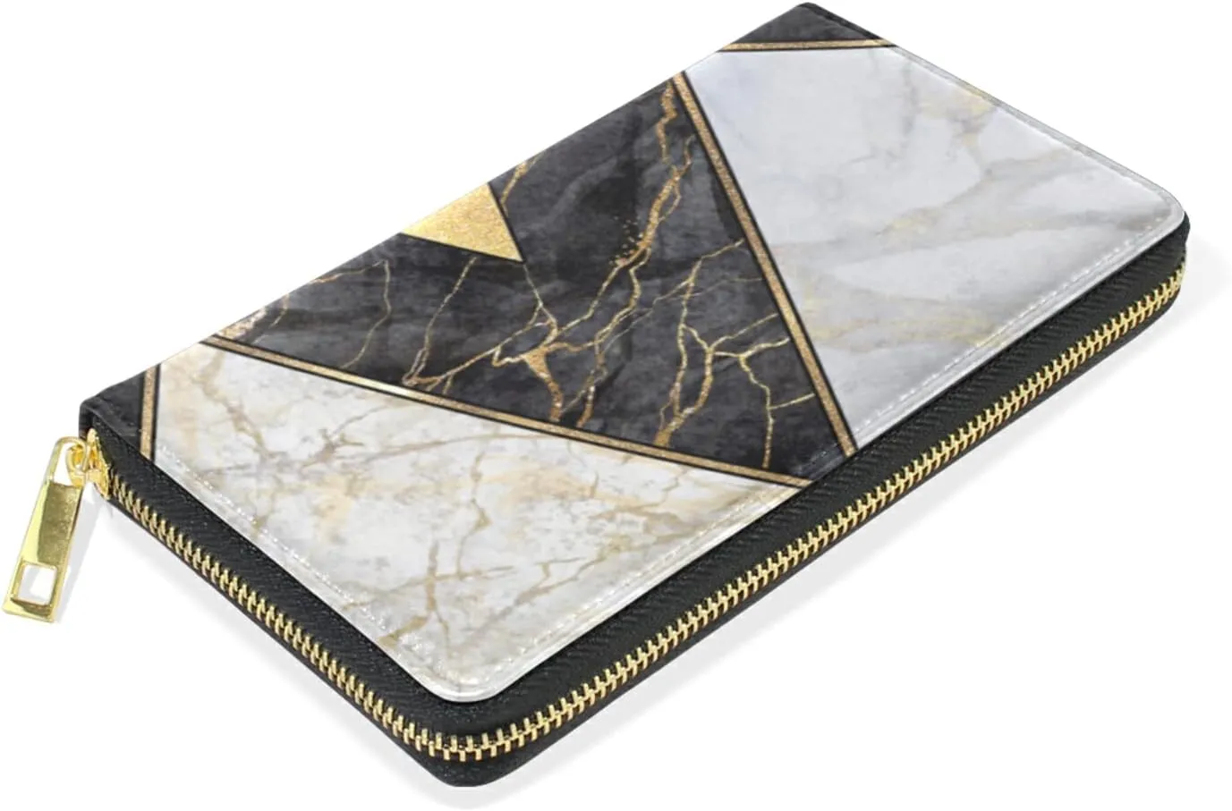 Modern Marbling Gold Black White Marble Geometric Triangle Granite Leather Long Wallet Organizer with Zipper Purse Clutch Bag for Women Men Key Card Coin Passport Checkbook