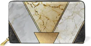 Modern Marbling Gold Black White Marble Geometric Triangle Granite Leather Long Wallet Organizer with Zipper Purse Clutch Bag for Women Men Key Card Coin Passport Checkbook