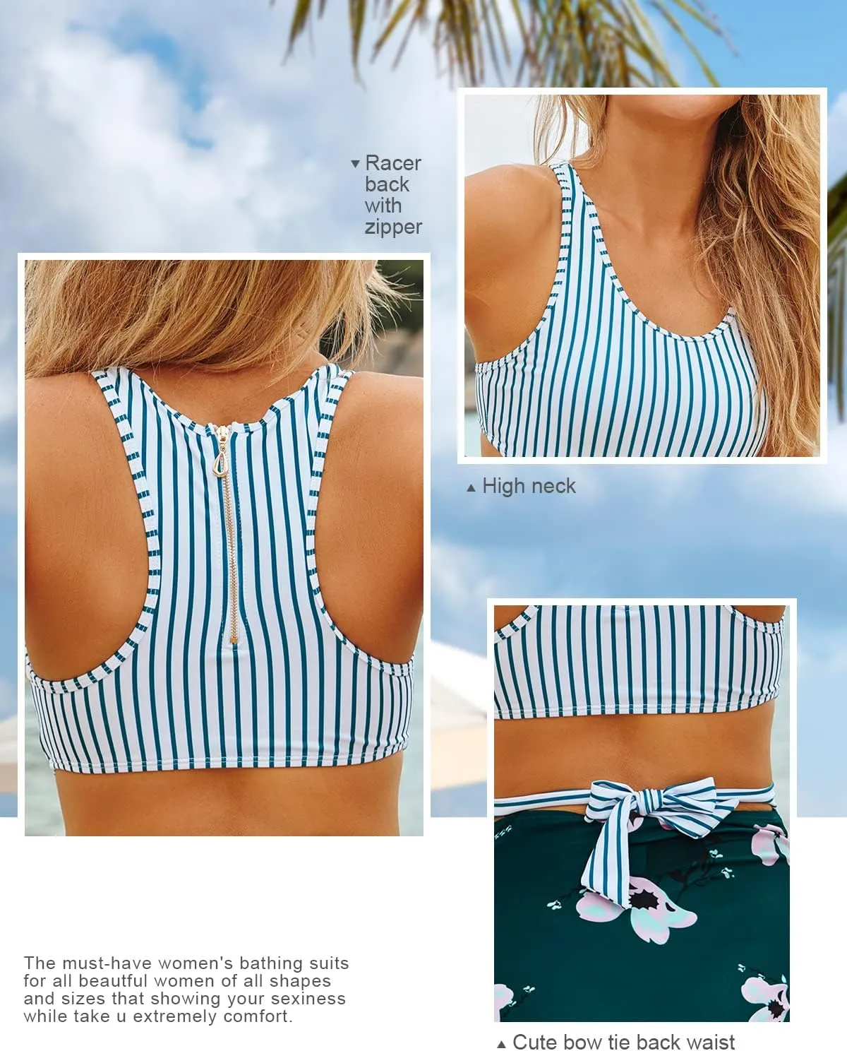 MOLYBELL One Piece Swimsuits for Women High Waisted Bathing Suit Monokini Floral Print Cutout Racerback Zip Up…