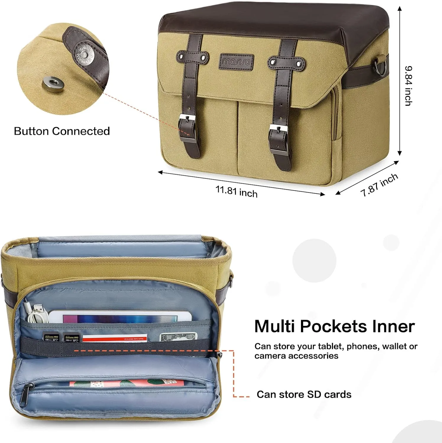 MOSISO Camera Case Crossbody Shoulder Messenger Bag, DSLR/SLR/Mirrorless Photography Vintage PU Leather Flap Gadget Bag with Rain Cover Compatible with Canon/Nikon/Sony Camera and Lens, Khaki