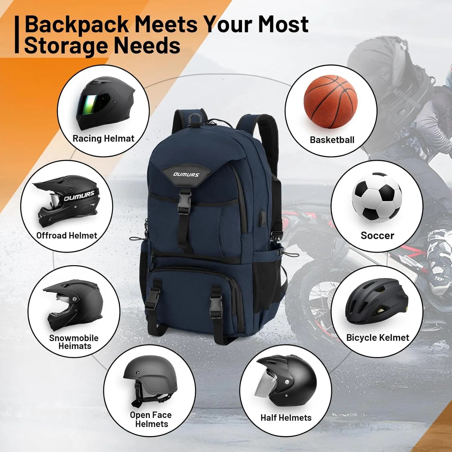 Motorcycle Helmet Backpack 50L, Blue Water-resistant 1680D Oxford Fabric, Expandable, Reflective, USB, Large Capacity, Long Distance Travel Backpack