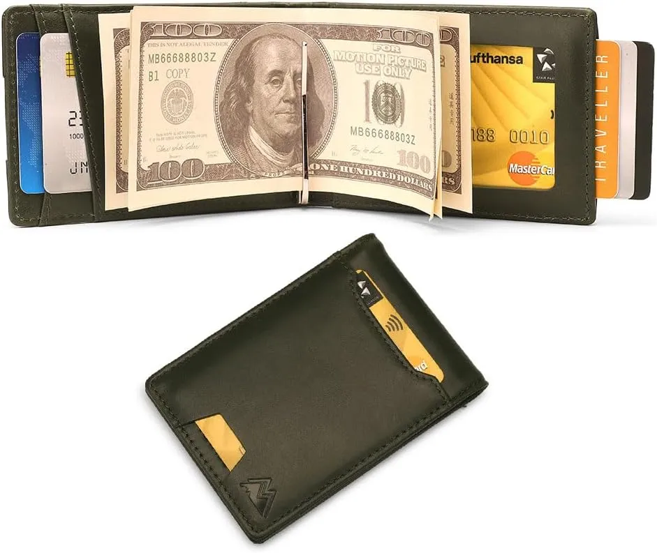 Mountain Voyage Co Leather Wallet - RFID-Blocking Genuine Vintage Leather Bi-Fold Card Holder with Money Clip and Gift Box (Ash Grey)