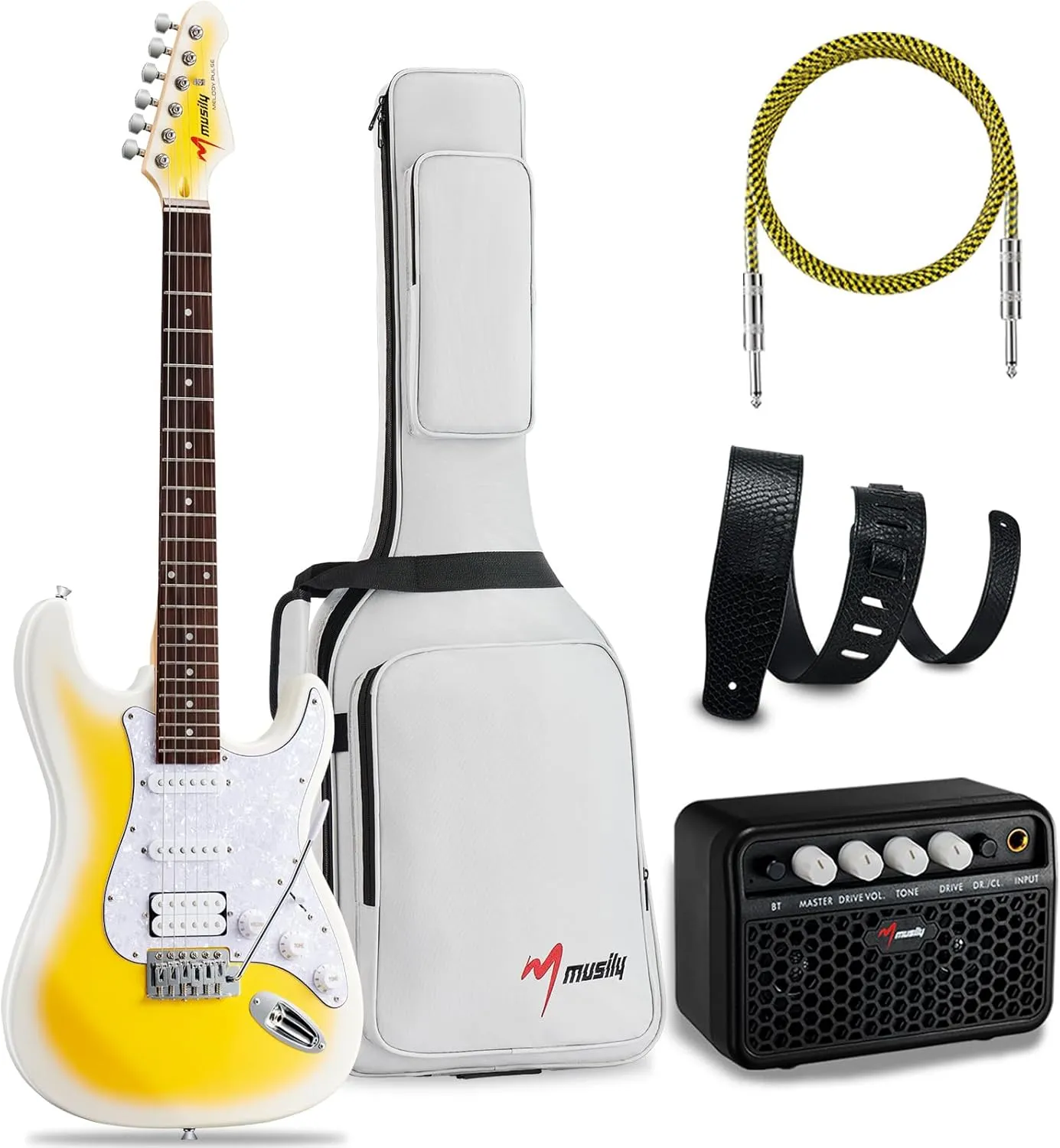 MST-1 39 Inch Electric Guitar Kit, Beginner Starter Full Size Solid Body Electric Guitar With HSS Pickups, Gig Bag, Amplifier, Strap, Cable, Picks, String (LemonBurst)