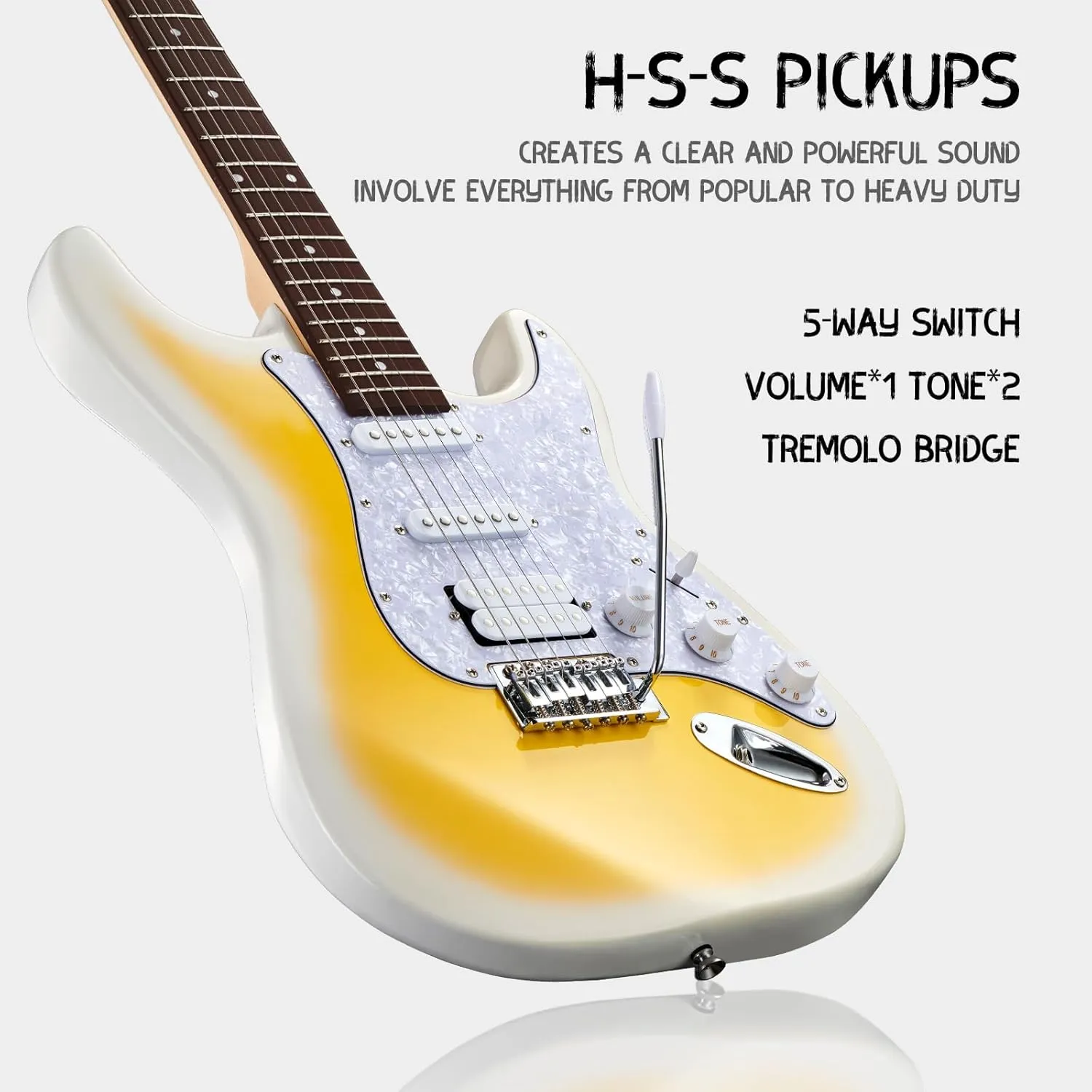 MST-1 39 Inch Electric Guitar Kit, Beginner Starter Full Size Solid Body Electric Guitar With HSS Pickups, Gig Bag, Amplifier, Strap, Cable, Picks, String (LemonBurst)