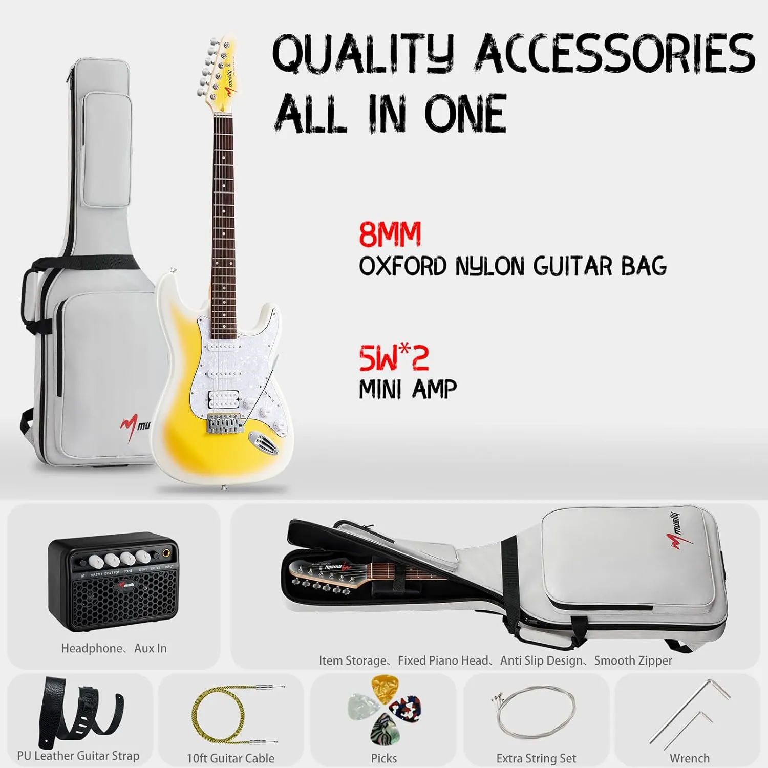 MST-1 39 Inch Electric Guitar Kit, Beginner Starter Full Size Solid Body Electric Guitar With HSS Pickups, Gig Bag, Amplifier, Strap, Cable, Picks, String (LemonBurst)