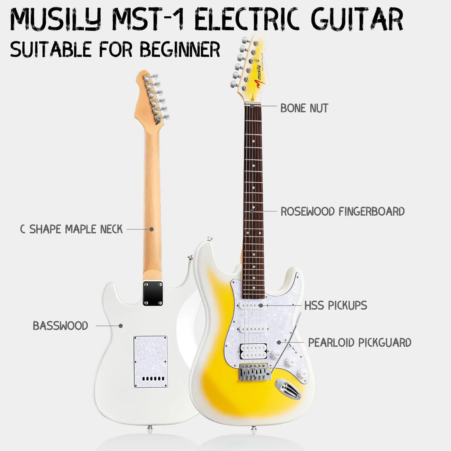 MST-1 39 Inch Electric Guitar Kit, Beginner Starter Full Size Solid Body Electric Guitar With HSS Pickups, Gig Bag, Amplifier, Strap, Cable, Picks, String (LemonBurst)
