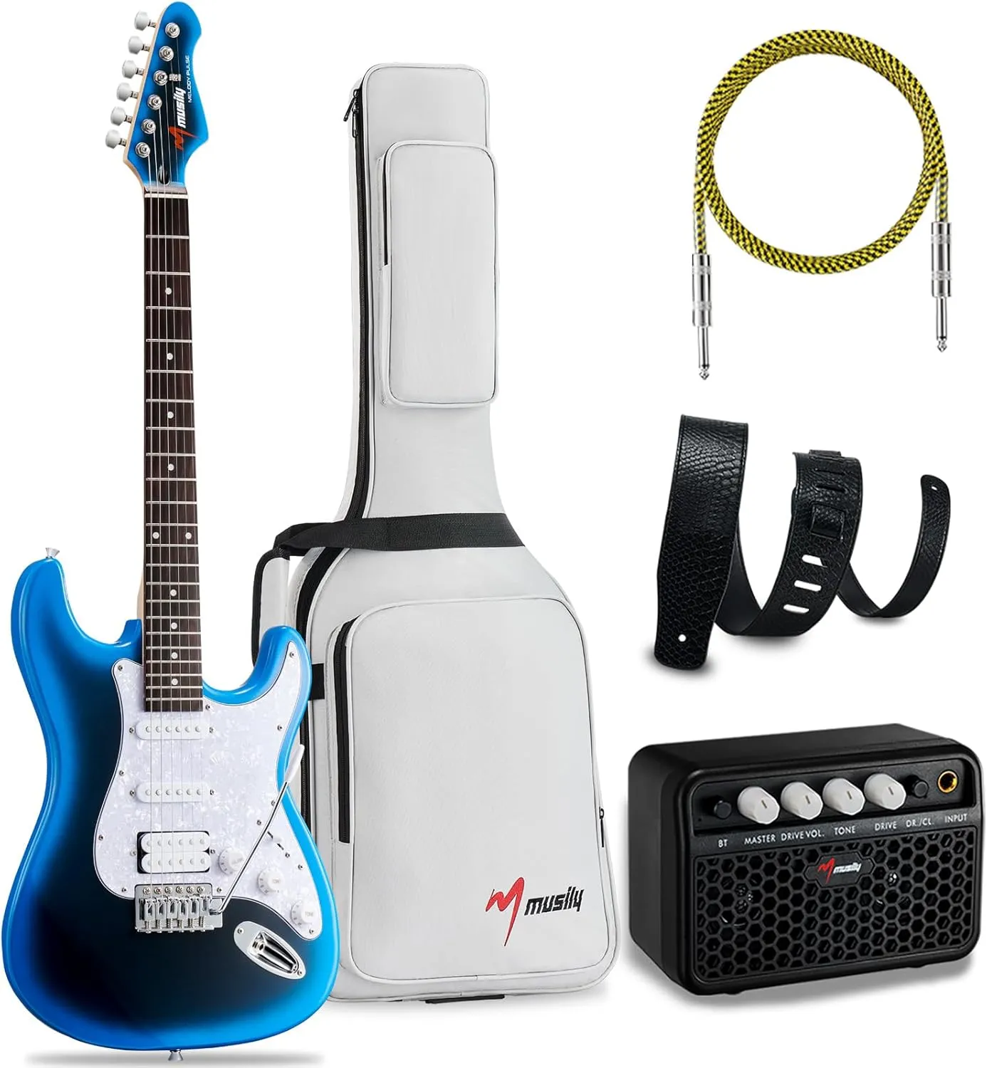 MST-1 39 Inch Electric Guitar Kit, Beginner Starter Full Size Solid Body Electric Guitar With HSS Pickups, Gig Bag, Amplifier, Strap, Cable, Picks, String (MetalBlueBurst)