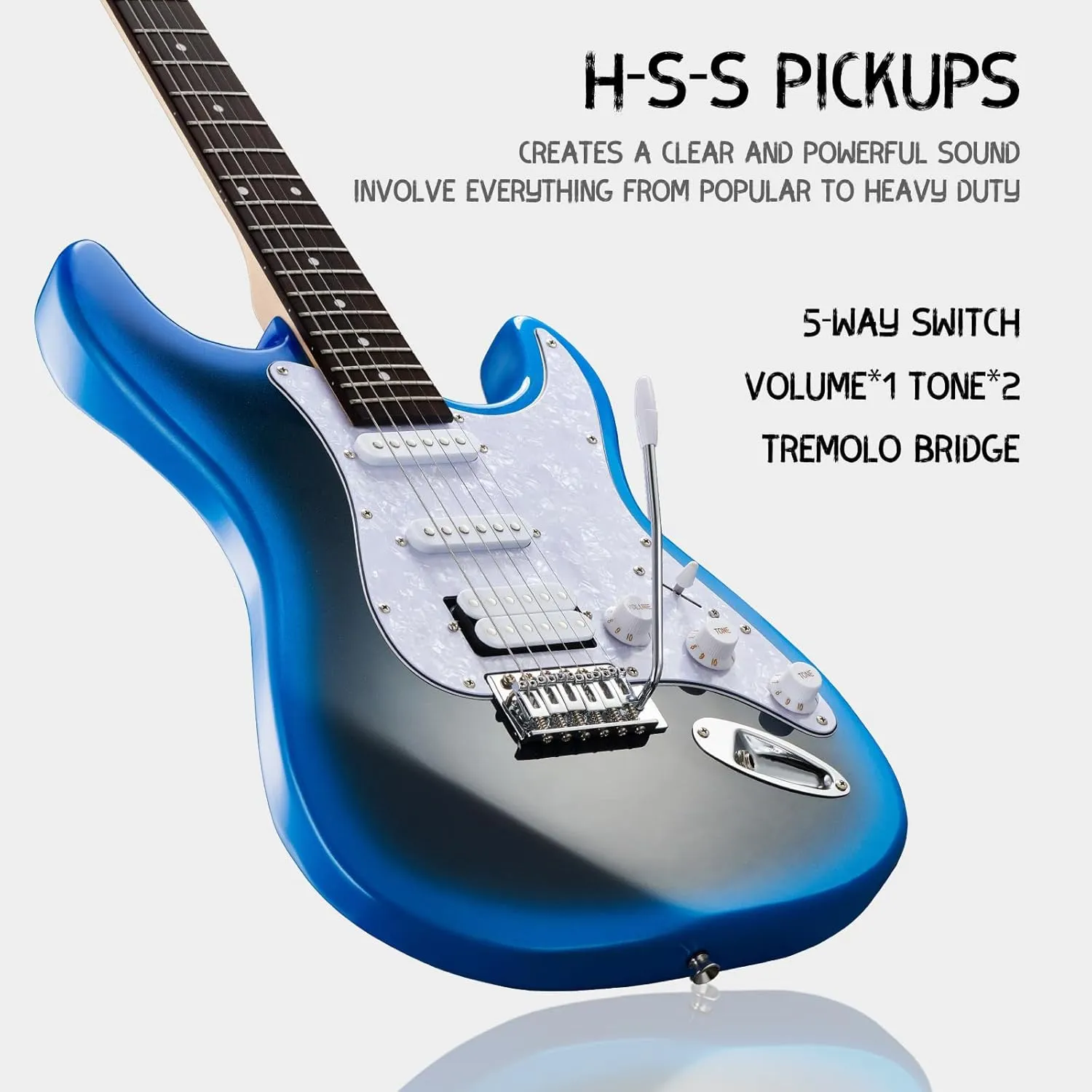 MST-1 39 Inch Electric Guitar Kit, Beginner Starter Full Size Solid Body Electric Guitar With HSS Pickups, Gig Bag, Amplifier, Strap, Cable, Picks, String (MetalBlueBurst)