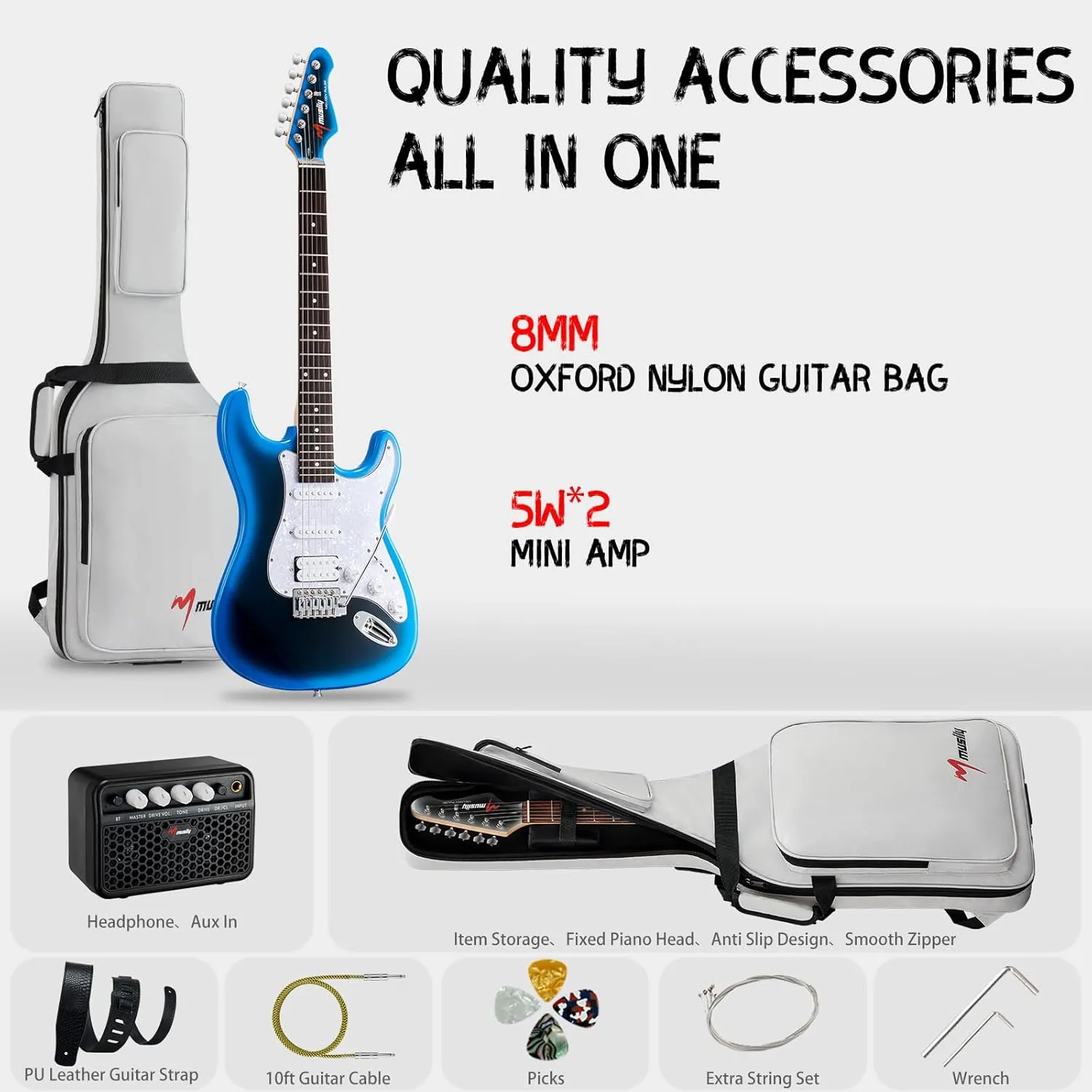 MST-1 39 Inch Electric Guitar Kit, Beginner Starter Full Size Solid Body Electric Guitar With HSS Pickups, Gig Bag, Amplifier, Strap, Cable, Picks, String (MetalBlueBurst)