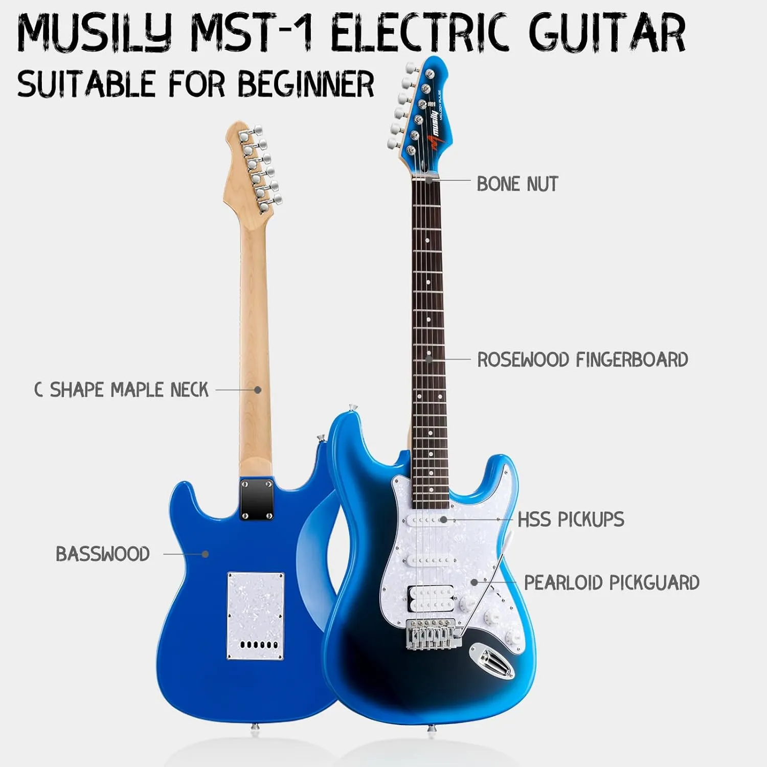 MST-1 39 Inch Electric Guitar Kit, Beginner Starter Full Size Solid Body Electric Guitar With HSS Pickups, Gig Bag, Amplifier, Strap, Cable, Picks, String (MetalBlueBurst)