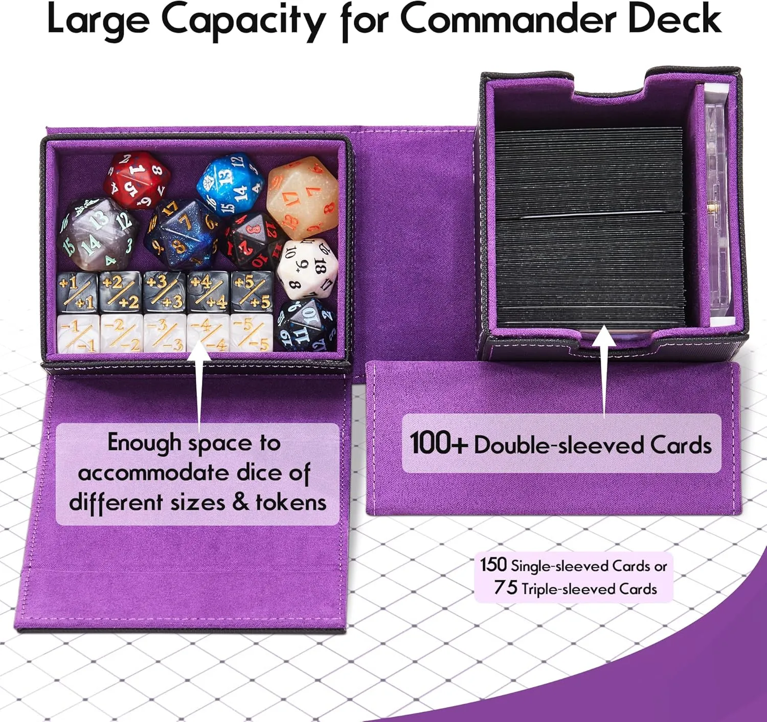 MTG Commander Deck Box with Dice Tray - Fits 100  Double-sleeved Cards - Commander Display - Card Deck Box for Magic, TCG - Black/Purple