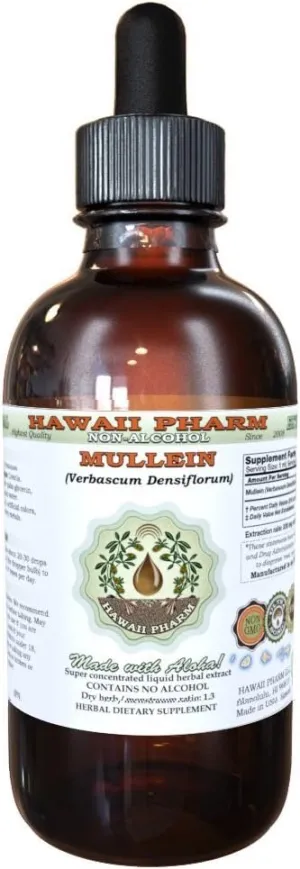 Mullein Alcohol-Free Liquid Extract, Organic Mullein (Verbascum densiflorum) Dried Flower Glycerite Natural Herbal Supplement, Hawaii Pharm, USA 2 oz Qty 1
