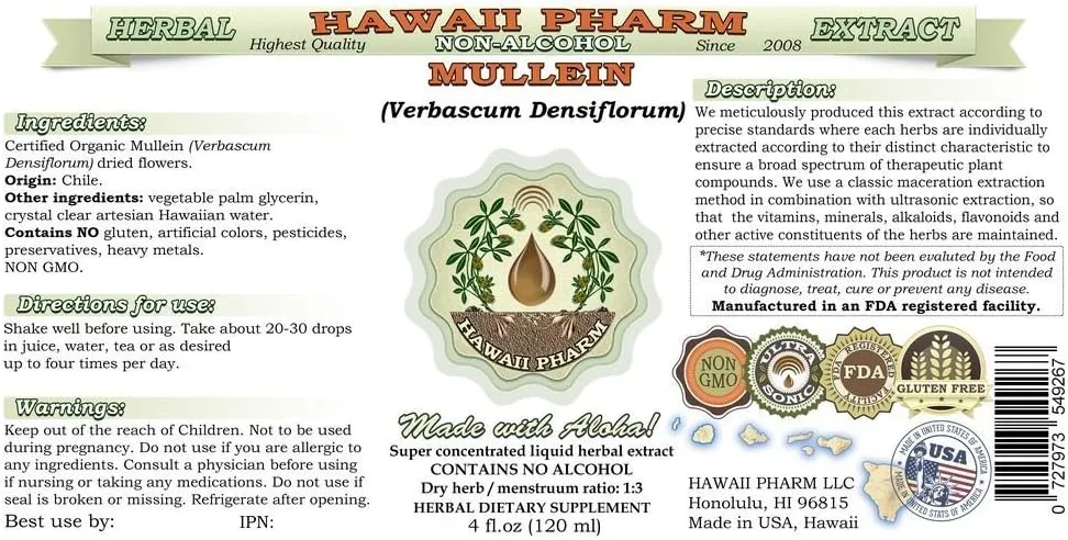 Mullein Alcohol-Free Liquid Extract, Organic Mullein (Verbascum densiflorum) Dried Flower Glycerite Natural Herbal Supplement, Hawaii Pharm, USA 2 oz Qty 1