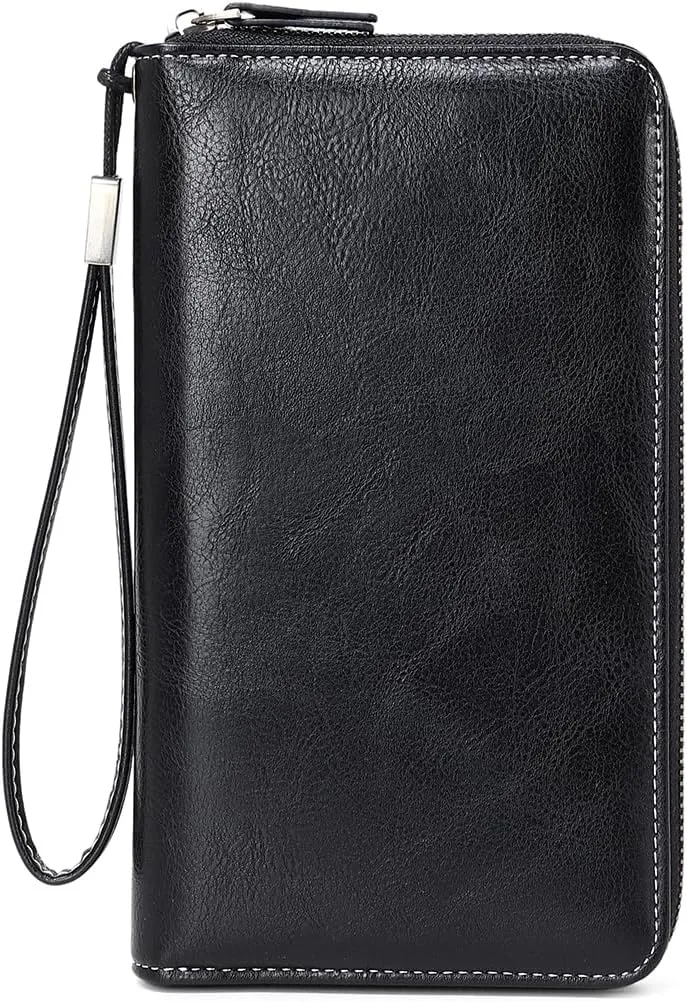 Multi-functional Wallet Leather for Women RFID Blocking, Zip Large Cpacity Hand-Held Bag, Retro Multi Card Slot Long Wallet Holder Phone Clutch Purse(Black)