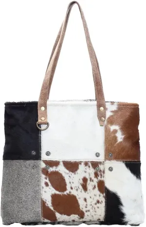 Myra Bag Patches Cowhide Tote Bag S-1163, Brown, One Size