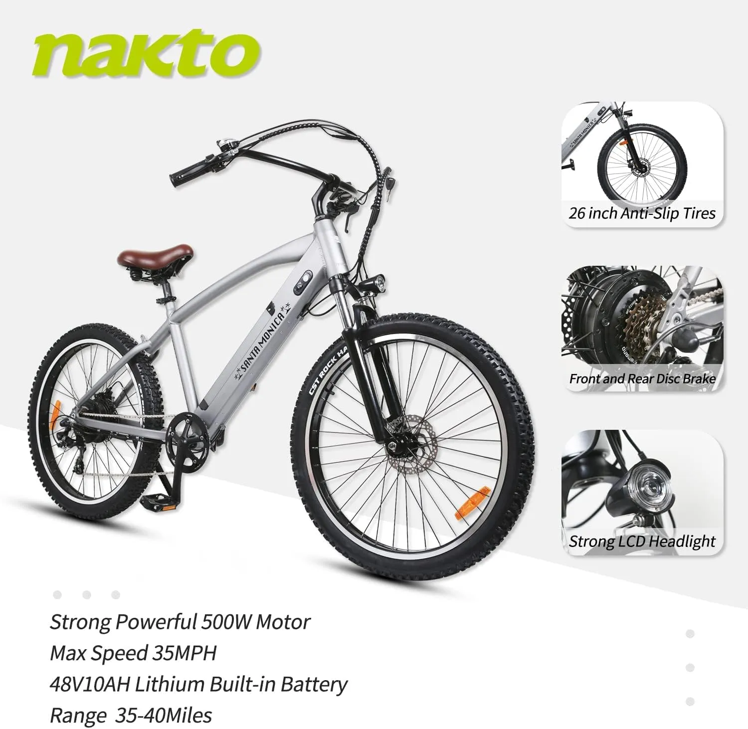 NAKTO Electric Bike 1000W Ebike 26'' Electric Bicycle, 35MPH Adults Electric Mountain Bike with Removable Battery