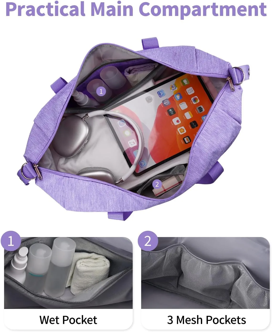 Narwey Carry on luaggage 22x14x9 Airlines Approved Foldable Carry on Bag Travel Duffel Packable Duffle with Wet Pocket Overnight for Women and Men 40L (Purple)