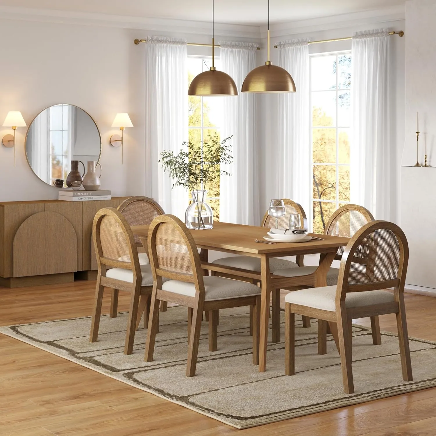 Nathan James Bailey 19 in. Boucle Dining Chair, Upholstered Side Chair with Natural Woven Rattan Back and Solid Wood Legs, Light Brown
