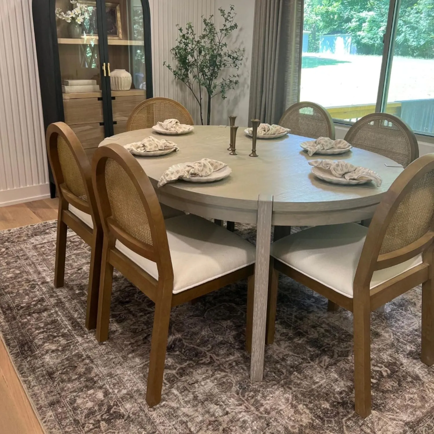 Nathan James Bailey 19 in. Boucle Dining Chair, Upholstered Side Chair with Natural Woven Rattan Back and Solid Wood Legs, Light Brown
